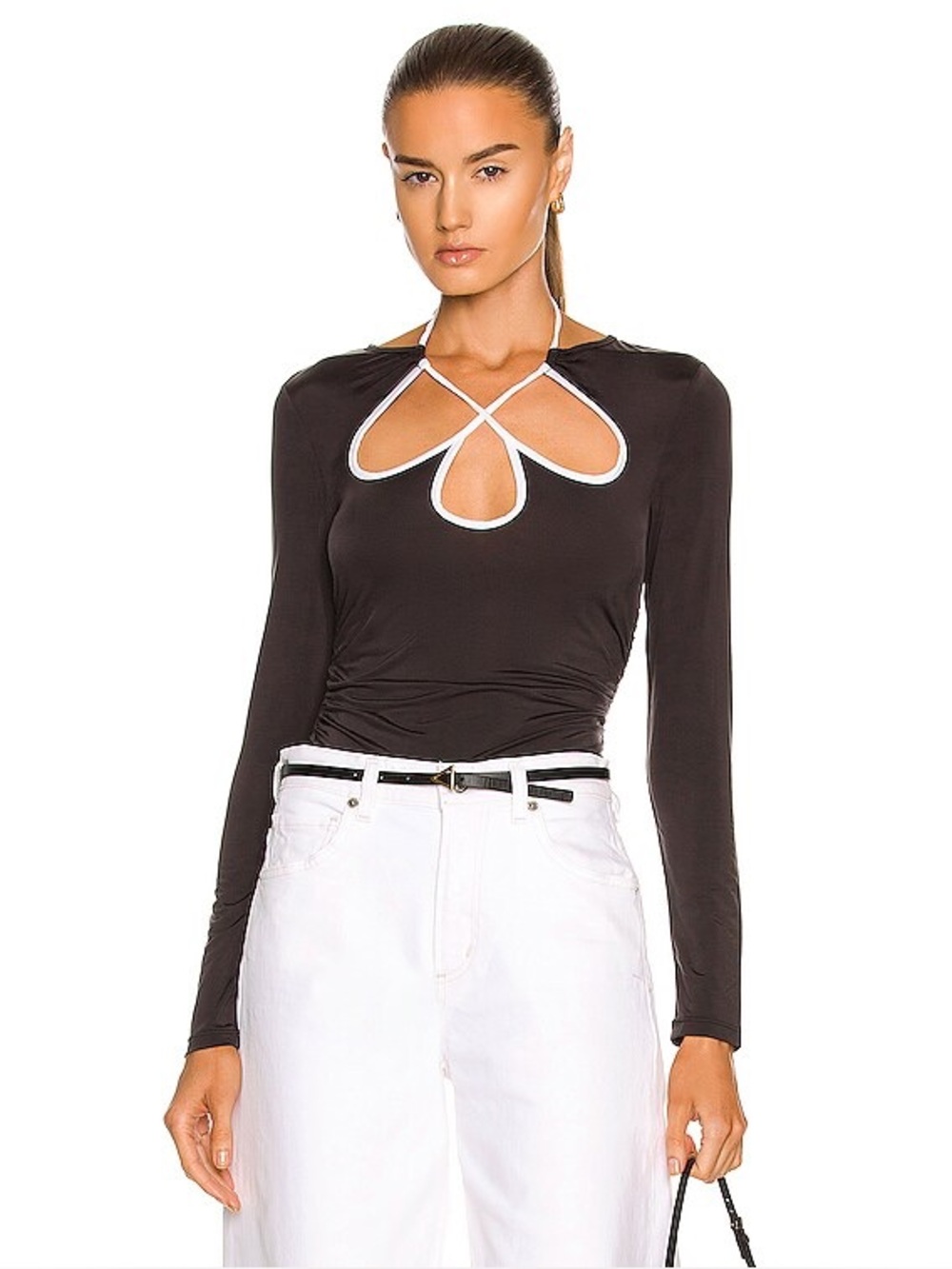Jonathan Simkhai slinky ruched keyhole top black white xs